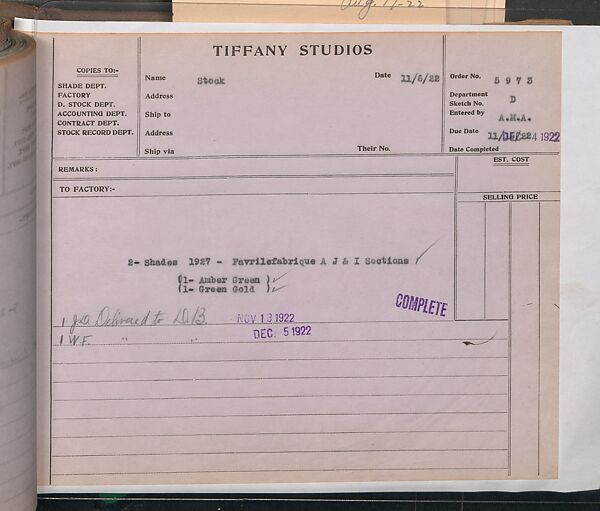 Tiffany Studios Lamp Department Ledger Book, Tiffany Studios (1902–32), pencil and ink on paper, American