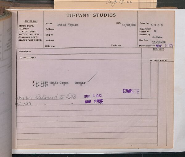 Tiffany Studios Lamp Department Ledger Book, Tiffany Studios (1902–32), pencil and ink on paper, American