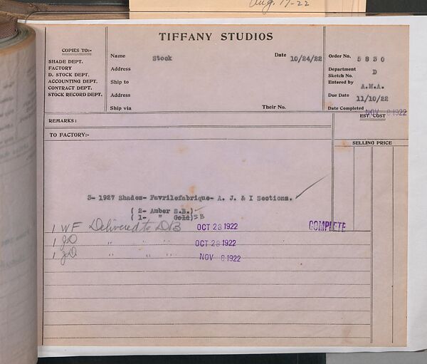 Tiffany Studios Lamp Department Ledger Book, Tiffany Studios (1902–32), pencil and ink on paper, American