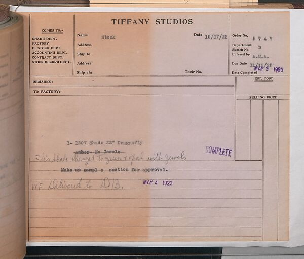Tiffany Studios Lamp Department Ledger Book, Tiffany Studios (1902–32), pencil and ink on paper, American