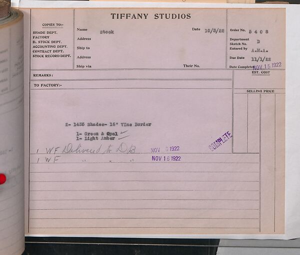Tiffany Studios Lamp Department Ledger Book, Tiffany Studios (1902–32), pencil and ink on paper, American