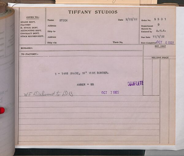 Tiffany Studios Lamp Department Ledger Book, Tiffany Studios (1902–32), pencil and ink on paper, American