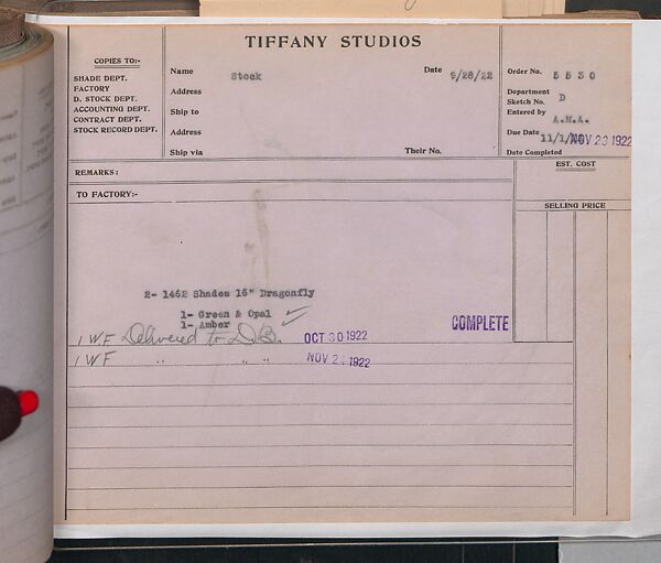 Tiffany Studios Lamp Department Ledger Book, Tiffany Studios (1902–32), pencil and ink on paper, American