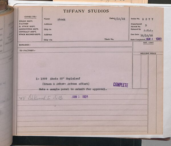 Tiffany Studios Lamp Department Ledger Book, Tiffany Studios (1902–32), pencil and ink on paper, American