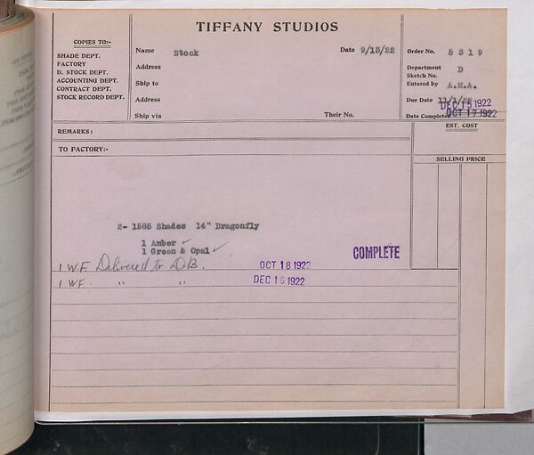 Tiffany Studios Lamp Department Ledger Book, Tiffany Studios (1902–32), pencil and ink on paper, American