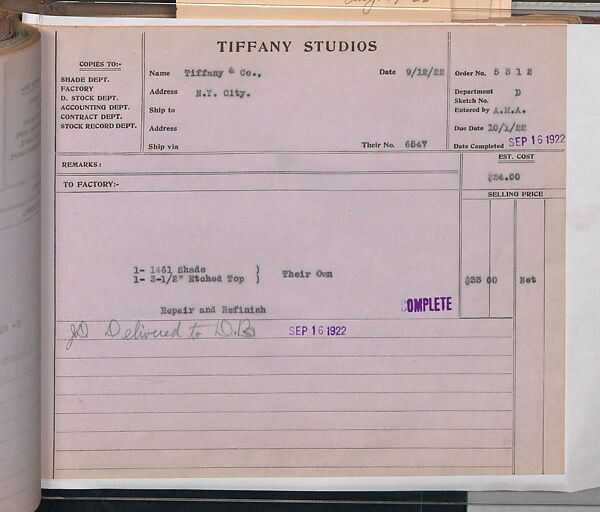 Tiffany Studios Lamp Department Ledger Book, Tiffany Studios (1902–32), pencil and ink on paper, American