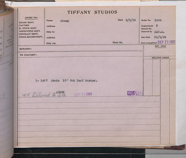 Tiffany Studios Lamp Department Ledger Book, Tiffany Studios (1902–32), pencil and ink on paper, American