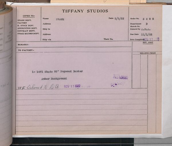 Tiffany Studios Lamp Department Ledger Book, Tiffany Studios (1902–32), pencil and ink on paper, American