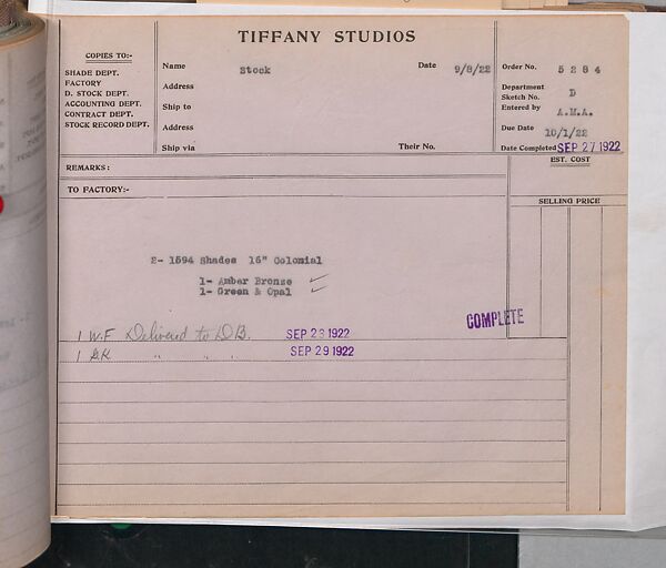 Tiffany Studios Lamp Department Ledger Book, Tiffany Studios (1902–32), pencil and ink on paper, American