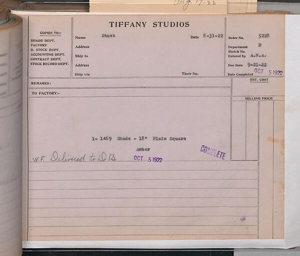 Tiffany Studios Lamp Department Ledger Book, Tiffany Studios (1902–32), pencil and ink on paper, American