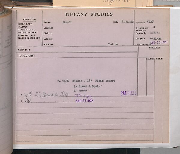 Tiffany Studios Lamp Department Ledger Book, Tiffany Studios (1902–32), pencil and ink on paper, American