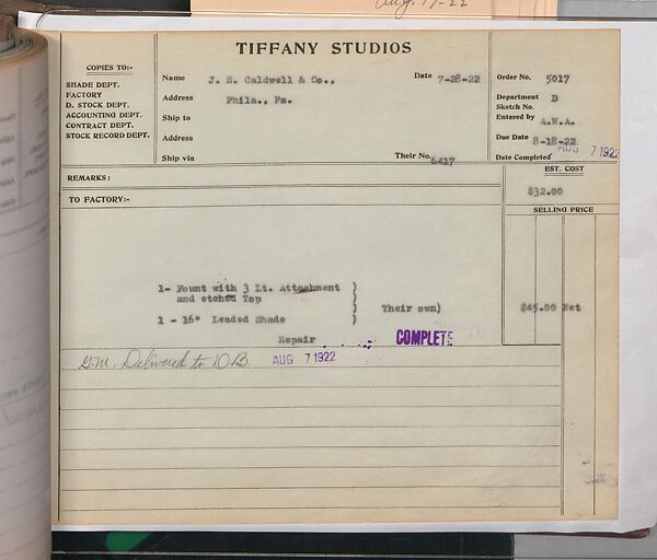 Tiffany Studios Lamp Department Ledger Book, Tiffany Studios (1902–32), pencil and ink on paper, American
