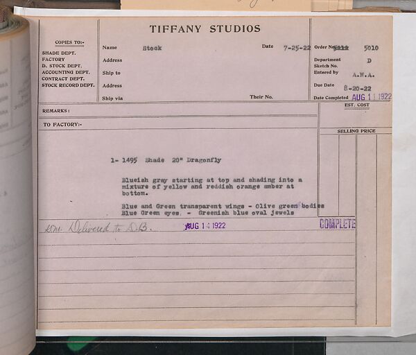 Tiffany Studios Lamp Department Ledger Book, Tiffany Studios (1902–32), pencil and ink on paper, American