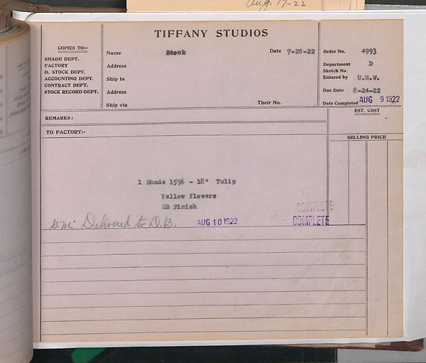 Tiffany Studios Lamp Department Ledger Book, Tiffany Studios (1902–32), pencil and ink on paper, American