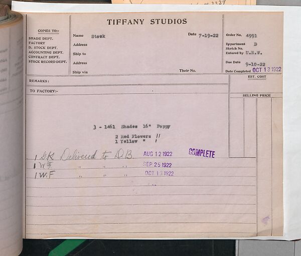 Tiffany Studios Lamp Department Ledger Book, Tiffany Studios (1902–32), pencil and ink on paper, American
