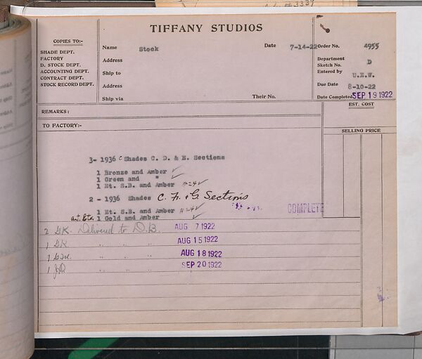 Tiffany Studios Lamp Department Ledger Book, Tiffany Studios (1902–32), pencil and ink on paper, American