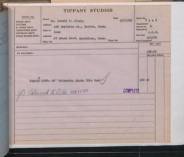 Tiffany Studios Lamp Department Ledger Book, Tiffany Studios (1902–32), pencil and ink on paper, American