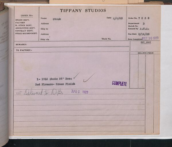 Tiffany Studios Lamp Department Ledger Book, Tiffany Studios (1902–32), pencil and ink on paper, American