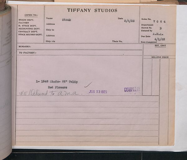 Tiffany Studios Lamp Department Ledger Book, Tiffany Studios (1902–32), pencil and ink on paper, American