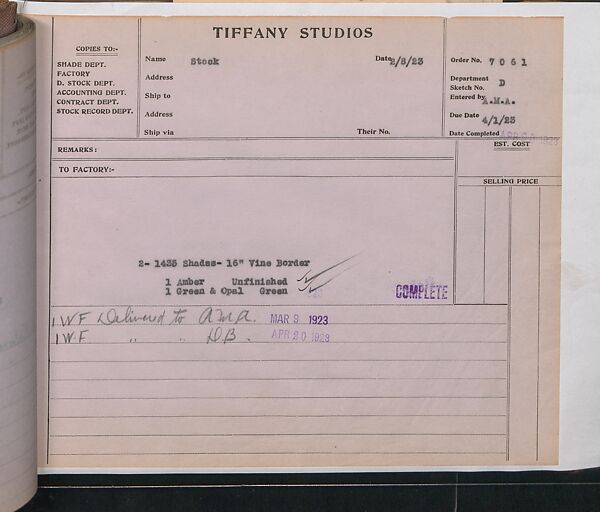 Tiffany Studios Lamp Department Ledger Book, Tiffany Studios (1902–32), pencil and ink on paper, American