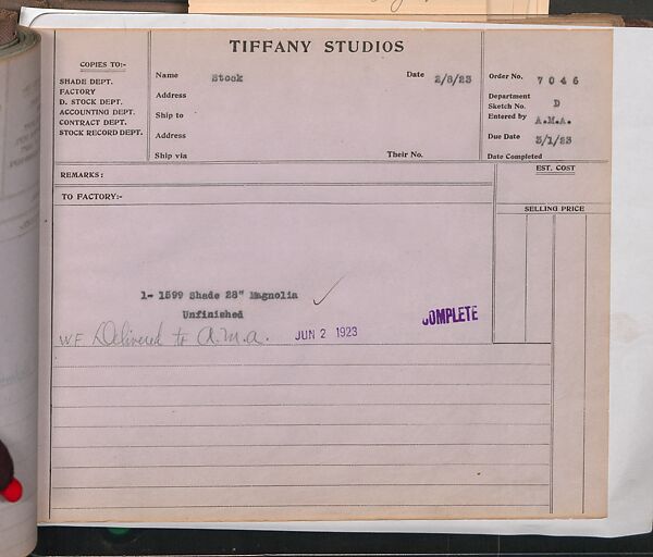 Tiffany Studios Lamp Department Ledger Book, Tiffany Studios (1902–32), pencil and ink on paper, American