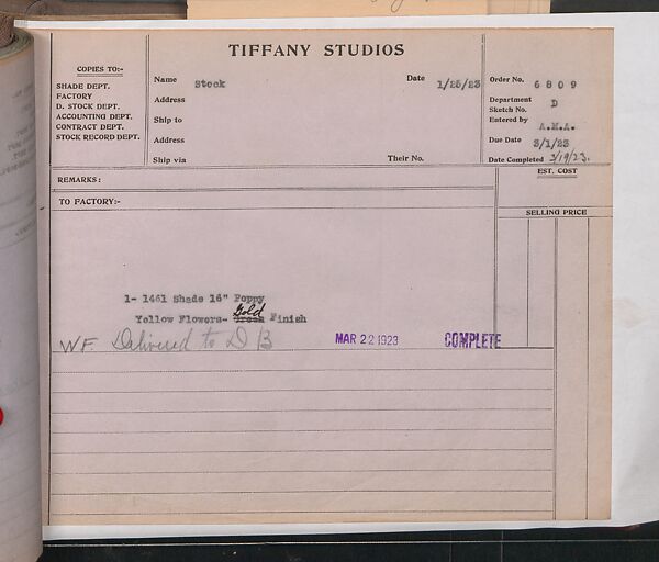 Tiffany Studios Lamp Department Ledger Book, Tiffany Studios (1902–32), pencil and ink on paper, American