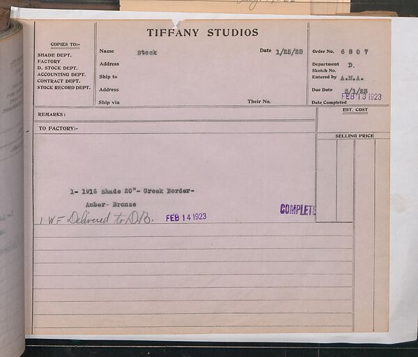Tiffany Studios Lamp Department Ledger Book, Tiffany Studios (1902–32), pencil and ink on paper, American