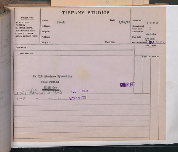 Tiffany Studios Lamp Department Ledger Book, Tiffany Studios (1902–32), pencil and ink on paper, American