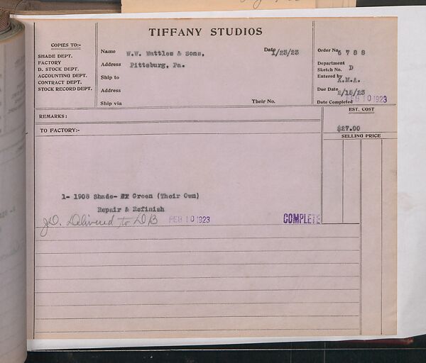 Tiffany Studios Lamp Department Ledger Book, Tiffany Studios (1902–32), pencil and ink on paper, American