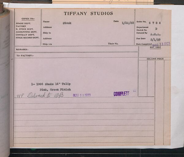 Tiffany Studios Lamp Department Ledger Book, Tiffany Studios (1902–32), pencil and ink on paper, American