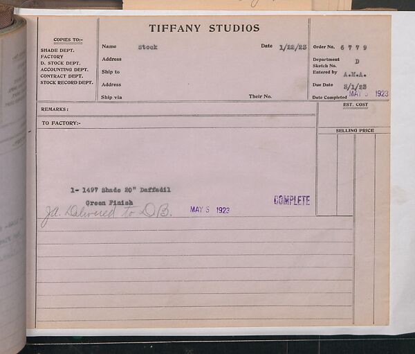 Tiffany Studios Lamp Department Ledger Book, Tiffany Studios (1902–32), pencil and ink on paper, American