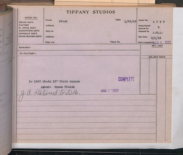 Tiffany Studios Lamp Department Ledger Book, Tiffany Studios (1902–32), pencil and ink on paper, American
