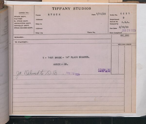 Tiffany Studios Lamp Department Ledger Book, Tiffany Studios (1902–32), pencil and ink on paper, American