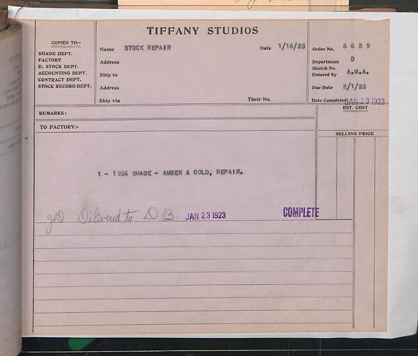 Tiffany Studios Lamp Department Ledger Book, Tiffany Studios (1902–32), pencil and ink on paper, American