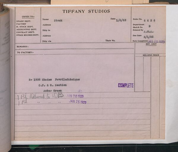 Tiffany Studios Lamp Department Ledger Book, Tiffany Studios (1902–32), pencil and ink on paper, American