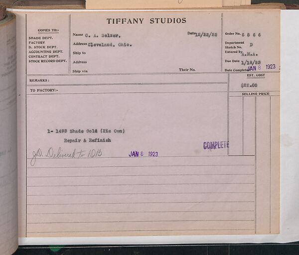 Tiffany Studios Lamp Department Ledger Book, Tiffany Studios (1902–32), pencil and ink on paper, American