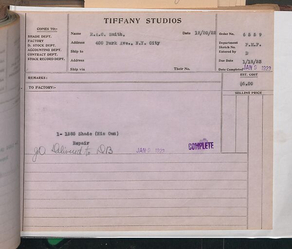 Tiffany Studios Lamp Department Ledger Book, Tiffany Studios (1902–32), pencil and ink on paper, American