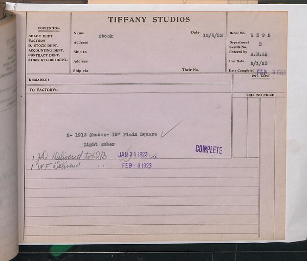 Tiffany Studios Lamp Department Ledger Book, Tiffany Studios (1902–32), pencil and ink on paper, American