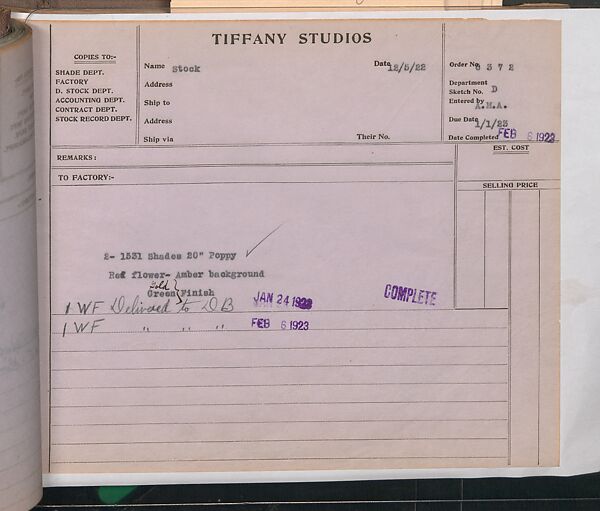 Tiffany Studios Lamp Department Ledger Book, Tiffany Studios (1902–32), pencil and ink on paper, American