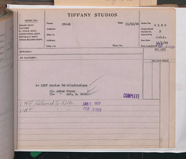Tiffany Studios Lamp Department Ledger Book, Tiffany Studios (1902–32), pencil and ink on paper, American