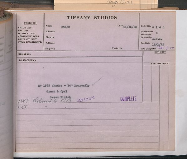 Tiffany Studios Lamp Department Ledger Book, Tiffany Studios (1902–32), pencil and ink on paper, American