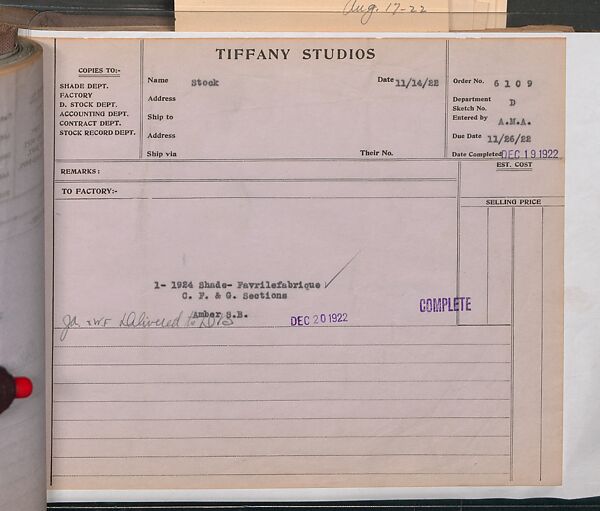 Tiffany Studios Lamp Department Ledger Book, Tiffany Studios (1902–32), pencil and ink on paper, American