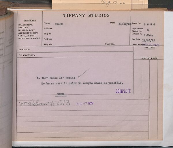 Tiffany Studios Lamp Department Ledger Book, Tiffany Studios (1902–32), pencil and ink on paper, American