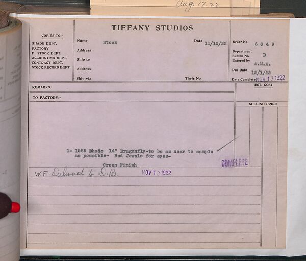 Tiffany Studios Lamp Department Ledger Book, Tiffany Studios (1902–32), pencil and ink on paper, American