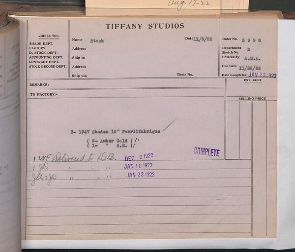 Tiffany Studios Lamp Department Ledger Book, Tiffany Studios (1902–32), pencil and ink on paper, American