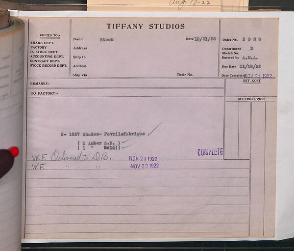 Tiffany Studios Lamp Department Ledger Book, Tiffany Studios (1902–32), pencil and ink on paper, American