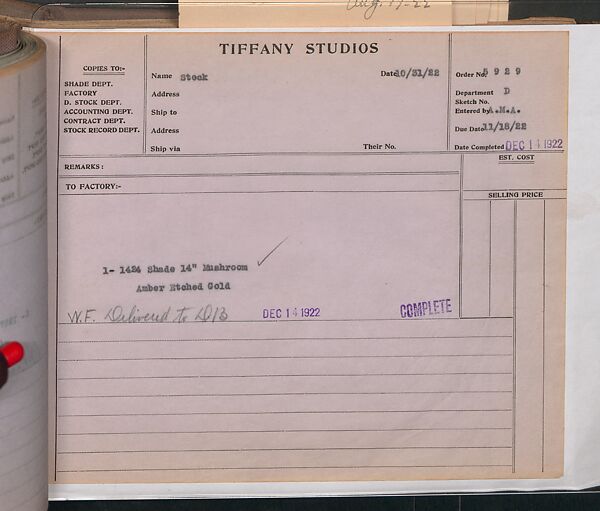 Tiffany Studios Lamp Department Ledger Book, Tiffany Studios (1902–32), pencil and ink on paper, American