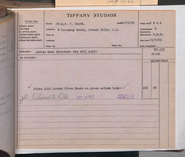 Tiffany Studios Lamp Department Ledger Book, Tiffany Studios (1902–32), pencil and ink on paper, American