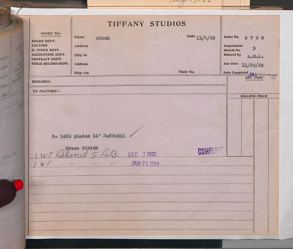 Tiffany Studios Lamp Department Ledger Book, Tiffany Studios (1902–32), pencil and ink on paper, American