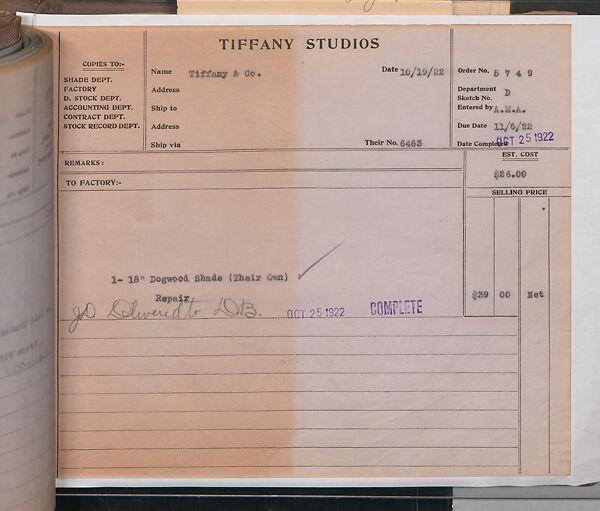Tiffany Studios Lamp Department Ledger Book, Tiffany Studios (1902–32), pencil and ink on paper, American